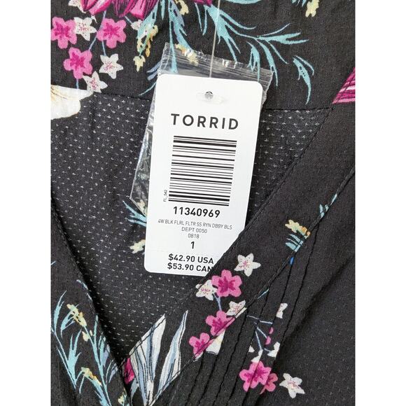 Torrid Womens Black Pink Floral Babydoll Top Flutter Sleeves Side Ties Size 1X - Picture 3 of 8